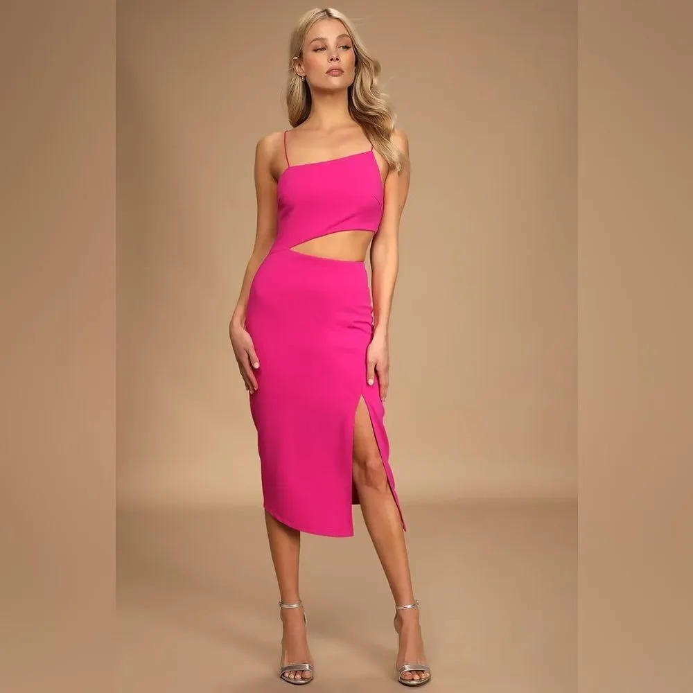 Lulu’s Flawless Attitude Fuchsia Asymmetrical Cutout Midi Dress size XL